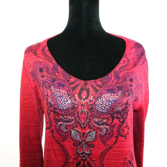 Red/black floral blouse, with tiny studs design - Picture 5 of 5